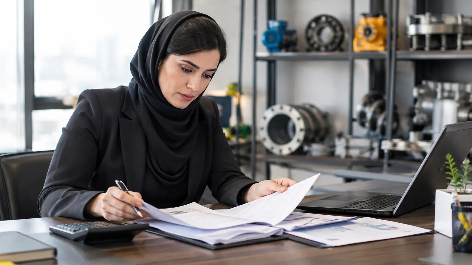 مدیر شرکت صنعتی در حال بررسی هزینه‌های بازاریابی و قراردادها برای محاسبه هزینه جذب مشتری