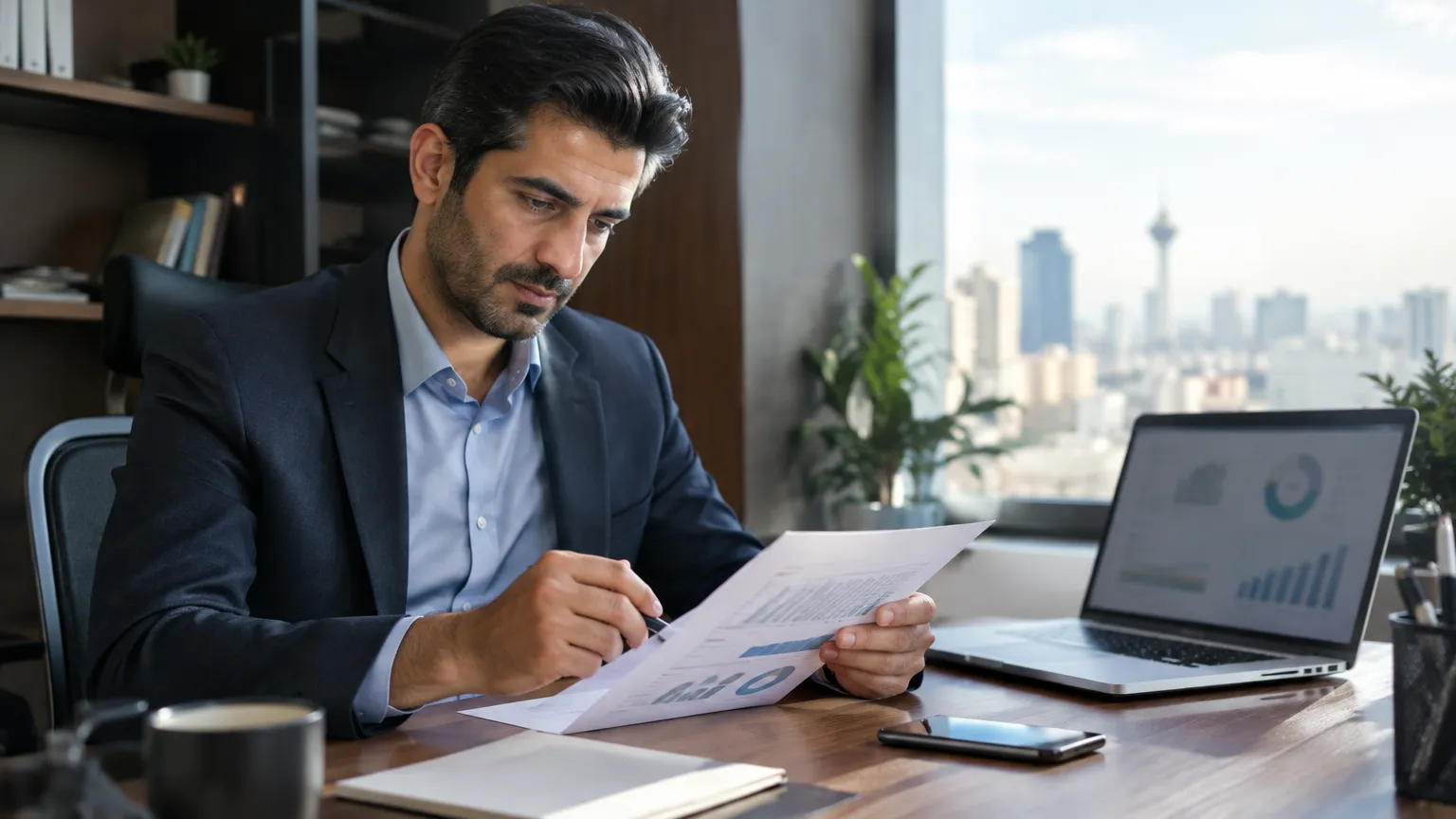 مدیر فروش ایرانی در حال بررسی برآورد هزینه راه‌اندازی CRM و اتصال فرایندهای فروش