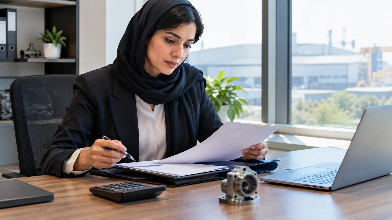مدیر فروش شرکت صنعتی در حال بررسی هزینه جذب مشتری و اسناد قرارداد
