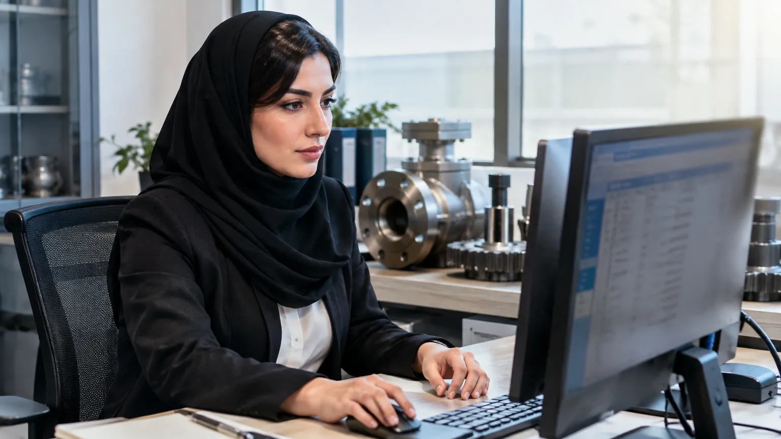 کارشناس فروش تجهیزات صنعتی در حال بررسی درخواست قیمت و وضعیت پیگیری آن در سیستم مدیریت مشتری